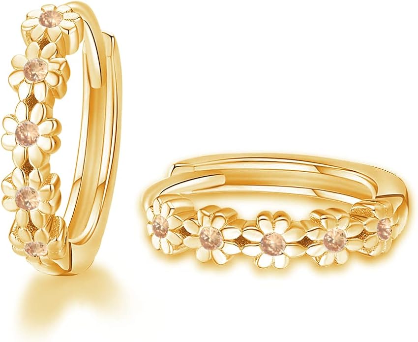 CiNily Small Hoop Earrings for Women Girls Flower Cubic Zirconia Huggie Earrings Hypoallergenic 14K Yellow Gold Plated Cartilage Earrings