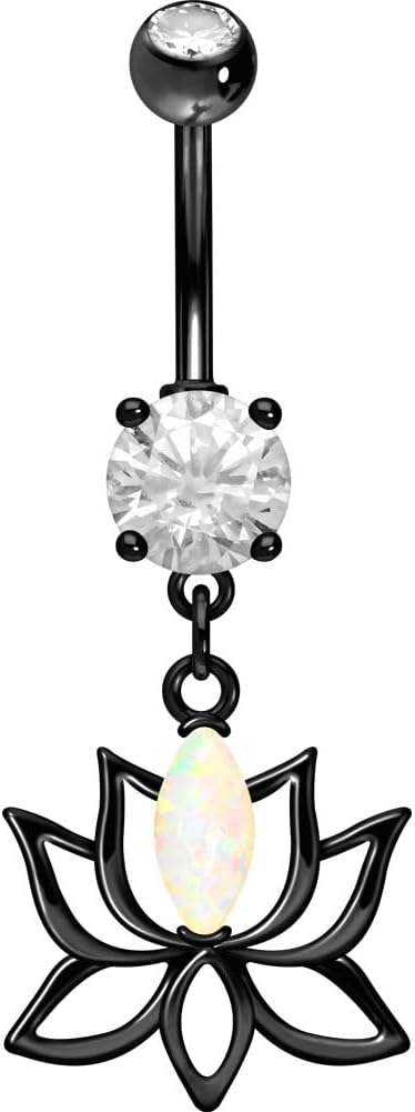 PIERCINGLINE Surgical steel belly button piercing dangle LOTUS BLOSSOM WITH SYNTHETIC OPAL 14 G belly button ring surgical steel belly piercing new version with improved durability