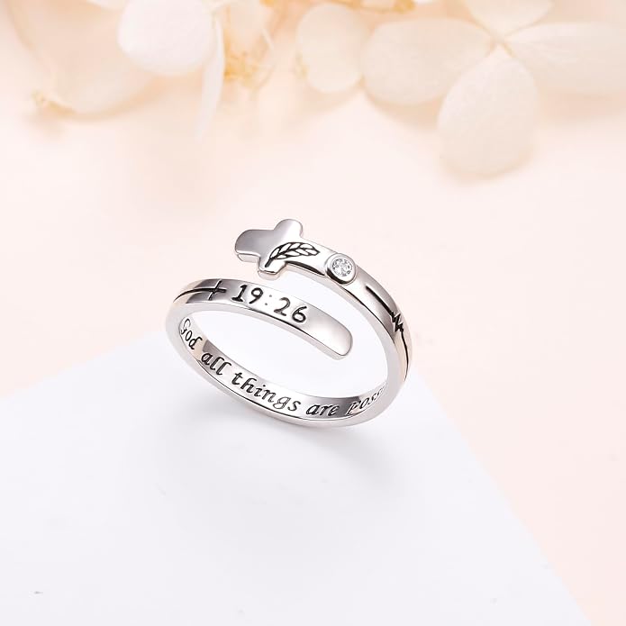 Ladytree Feather Angel Wings Adjustable Memorial Dainty Sterling Silver Open Thumb Ring for Women Men Loss of Mom Dad Daughter Loved Ones Mother's Day Sympathy Memory Jewelry Gifts