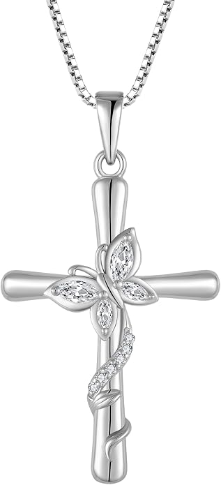 Cross Necklace for Women 925 Sterling Silver Butterfly Necklace Birthstone Pendant Created Gemstone Jewelry Gifts for Women