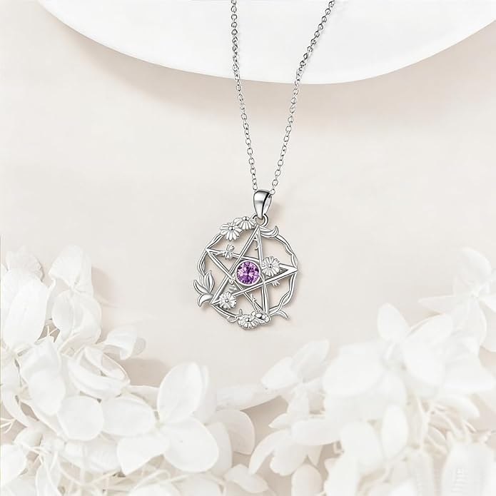 Birthstone Pentagram Necklace for Women 925 Sterling Silver Pentacle Daisy Pendant Pentacle Jewelry Birthday Gifts