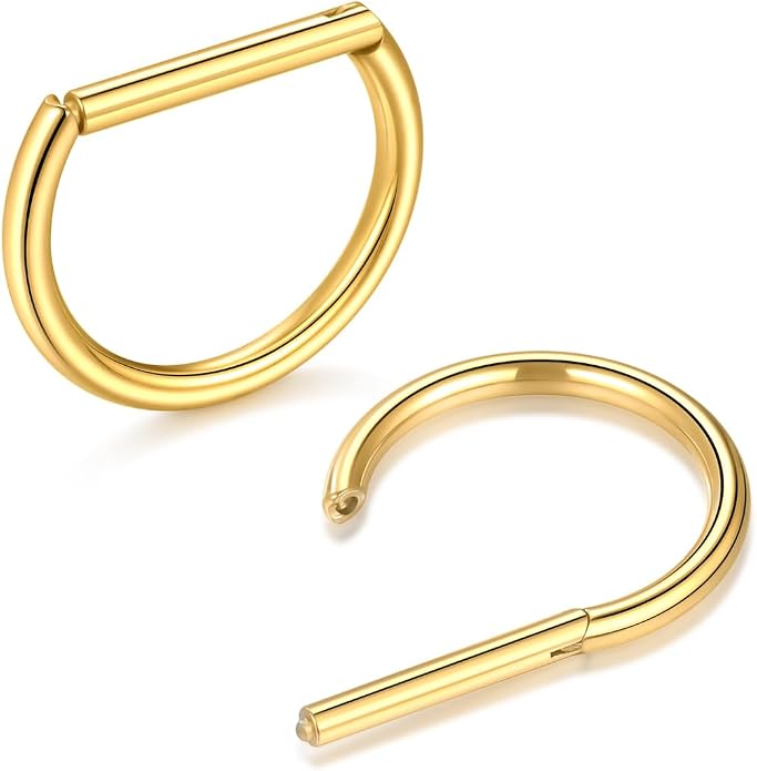 Oveta Titanium D Shaped Nipple Rings 14G for Nipple Piercing Jewelry Higned Segment Clicker Ring Hoops 11mm 12mm 14mm for Women Men, Silver Gold Black, 2PCS