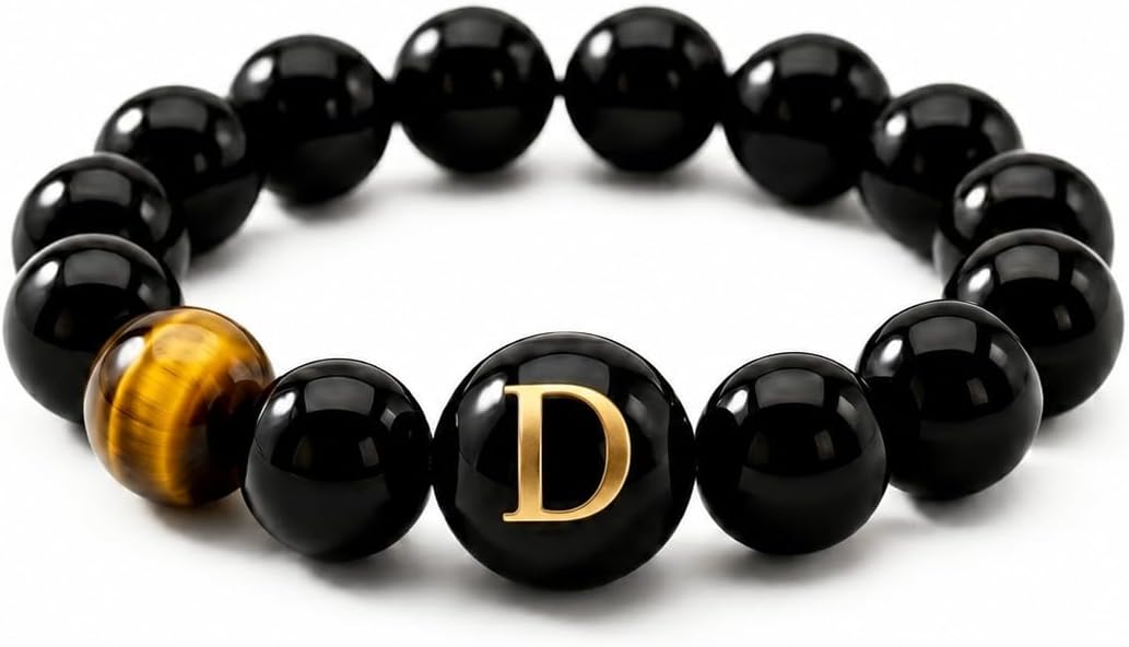 Initial Ring for Women, Black Onyx Beaded Stretch Letter Ring | Personalized-style A-Z initial ring with black onyx beads, shell letter bead, stretch fit, and gift-ready box