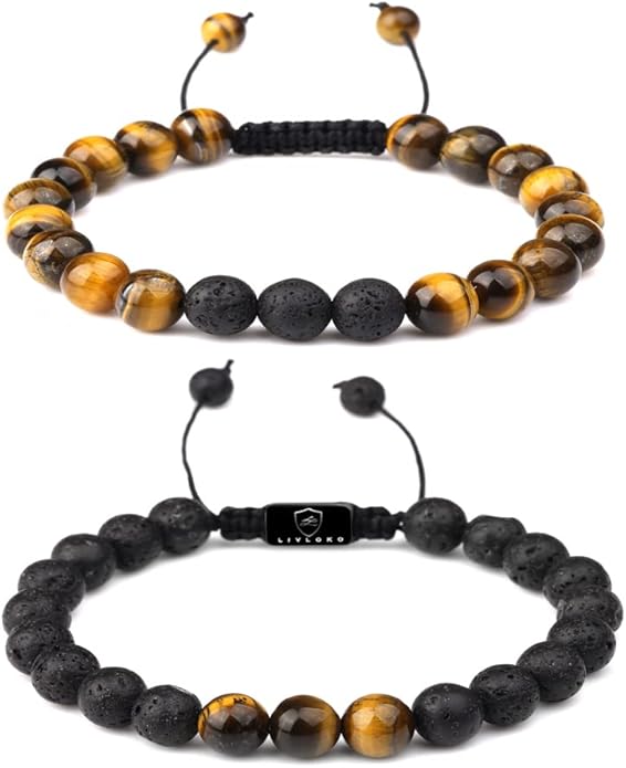 LONDON Mens Bracelet Leather Black Multi-Layer Stone Beads Adjustable Steel Clasp Viking Rope Bands Surfer Man Wristband Male UK Jewellery Gift box Boyfriend Dad Son Brother Tiger Eye