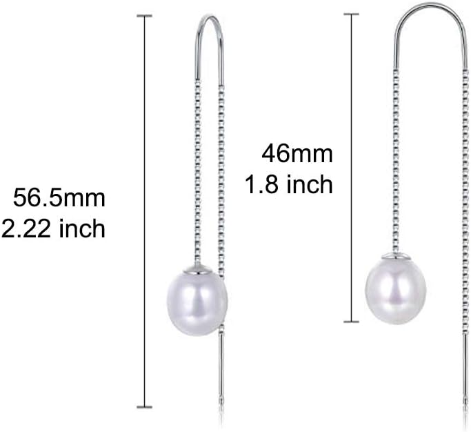 MOLAH 925 Sterling Silver Genuine Cultured Freshwater Pearl 8-8.5mm Threader Earrings Rhodium Plated