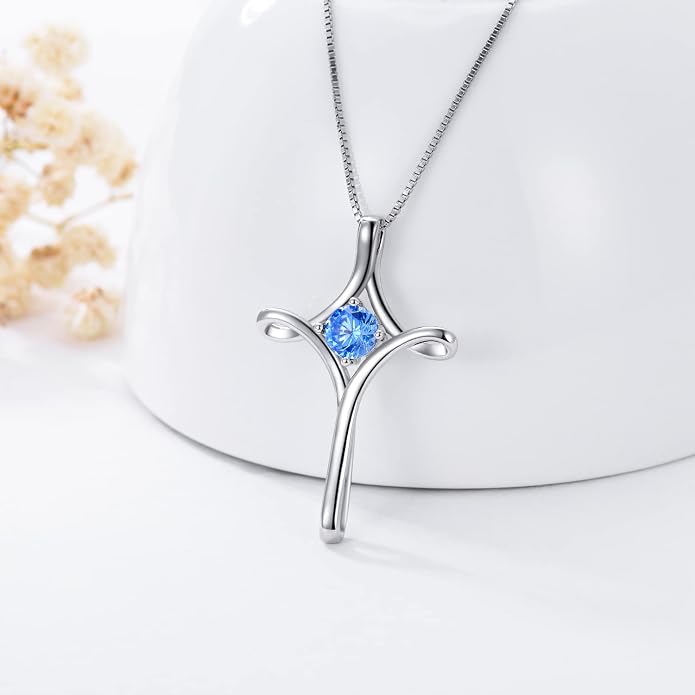 TOUPOP Cross Necklace for Women 925 Sterling Silver Birthstone Cross Pendant Fine Jewelry Anniversary Birthday Mothers Day Gifts for Mom Wife Her