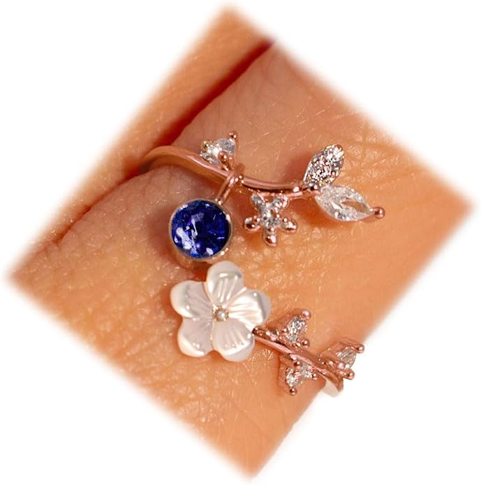 Birthstone Flower Rings For Women Non Tarnish Gemstone Cubic Zirconia Mother of Pearl Adjustable Size 7-11 Silver Rose 14K Gold Plated Birth Jewelry Gift For Birthday