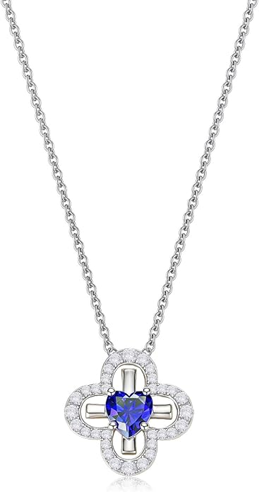 Four Leaf Clover Heart Birthstone Necklace, S925 Sterling Silver Clover Pendant, Dainty Lucky Charm Jewelry Birthday Gift for Her, 18"+2" Adjustable