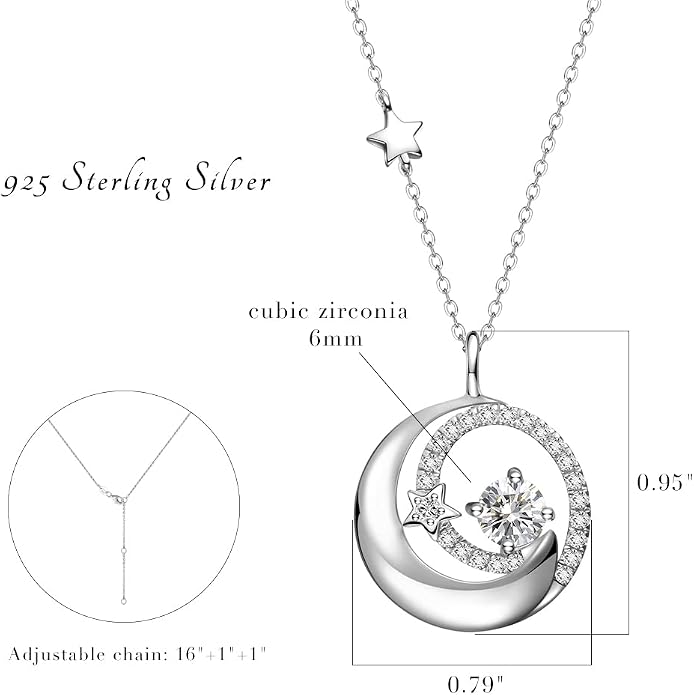 FANCIME Birthstone Necklaces 925 Sterling Silver Moon and Star Pendant Fine Jewelry Birthday Mothers Day Gifts for Mom Wife Her Daughter, Adjustable Chain 16+2"
