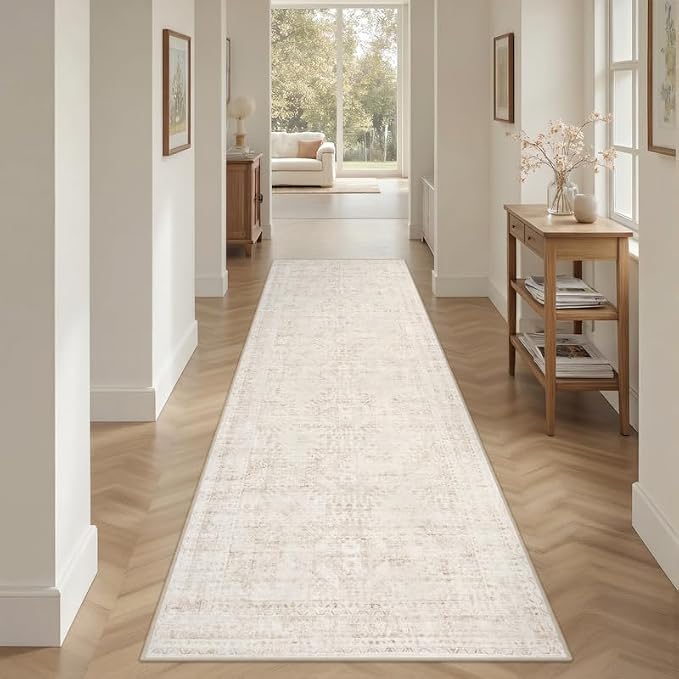 2'6''x8' Hallway Washable Runner Rug: Vintage Boho Neutral Kitchen Rug Soft Small Area Rug Indoor Floor Non-Slip Low Pile Carpet for Farmhouse Entryway Laundry Bathroom Bedroom Beside Rugs Beige
