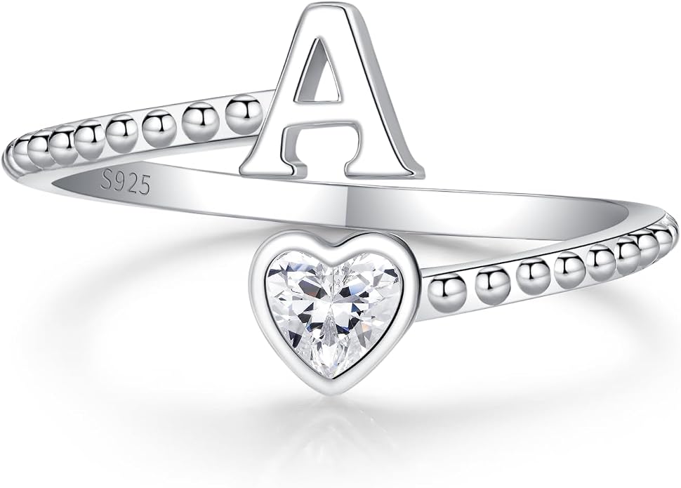 Step Forward 925 Sterling Silver Adjustable Initial Ring for Women | Non Tarnish Letter Rings for Lady | Alphabet Heart Thumb Rings | Capital Letter Jewelry Gifts