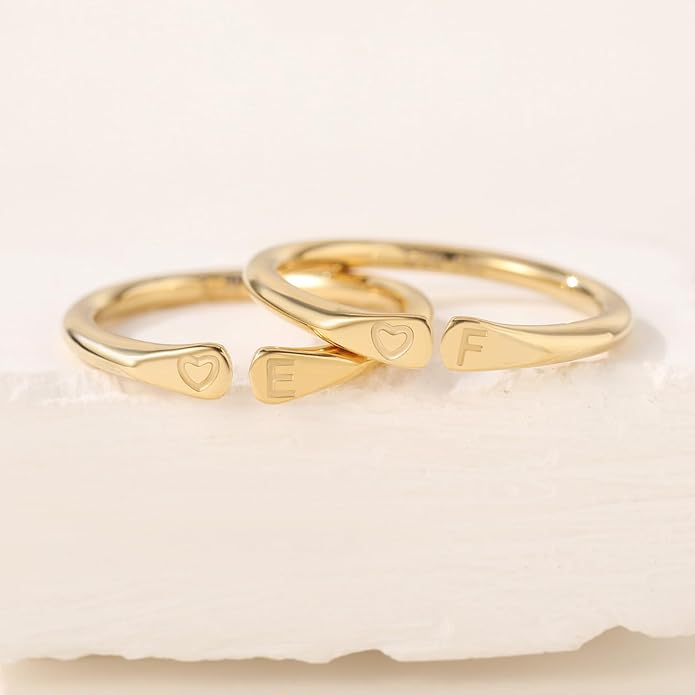 14k Gold Filled Hand Carving Initial Rings for Women Non Tarnish Wedding Heart Shaped Bands for Women