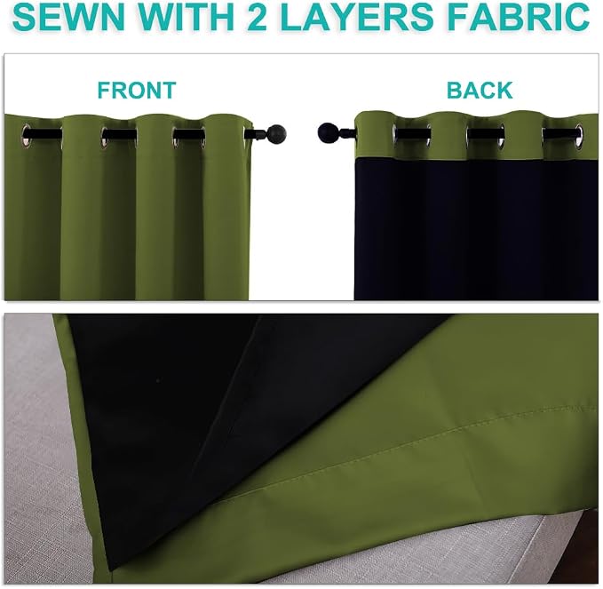 NICETOWN 100% Blackout Curtains for Windows, Pack of 2, Olive Green, 52" W x 102" L, Super Heavy-Duty Black Lined Total Darkness Drapes for Bedroom, Privacy Assured Window Treatment for Patio