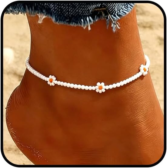 Beaded Chain Ankle Bracelets for Women Waterproof Sunflower Anklets Beachy Vacation Foot Jewelry Gifts