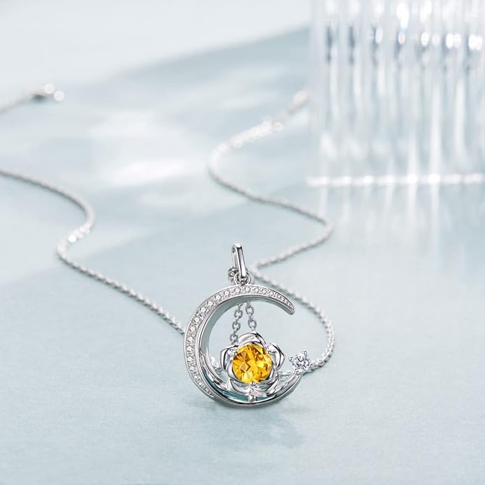 Birthstone Necklace for Women Sterling Silver Moon Pendant Necklaces Anniversary Birthday Fine Jewelry Gifts for Her Women Mother, Adjustable Chain