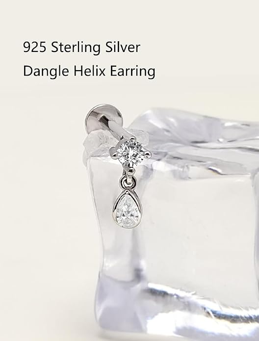 Sterling Silver 925 Flat Back Earring for Women 1PC 16G Helix Piercing Jewelry Dangle Cartilage Earring Internally Threaded Tragus Forward Conch Stud CZ Ear Ring 8mm Gifts