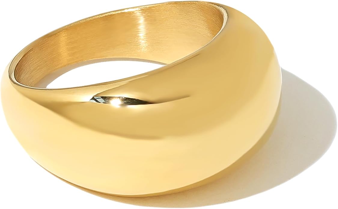 Chunky Statement Rings for Women, Wide Signet Dome Croissant Twist Band Non-Tarnish 18k Gold Plated Stainless Steel Size 5-11
