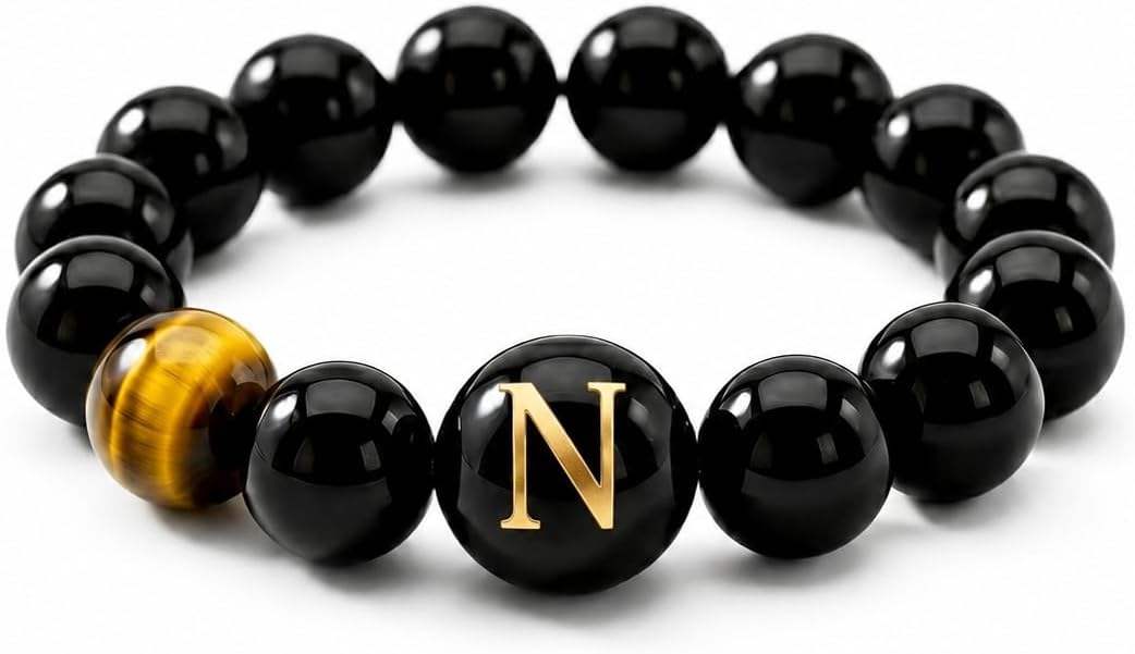 Initial Ring for Women, Black Onyx Beaded Stretch Letter Ring | Personalized-style A-Z initial ring with black onyx beads, shell letter bead, stretch fit, and gift-ready box