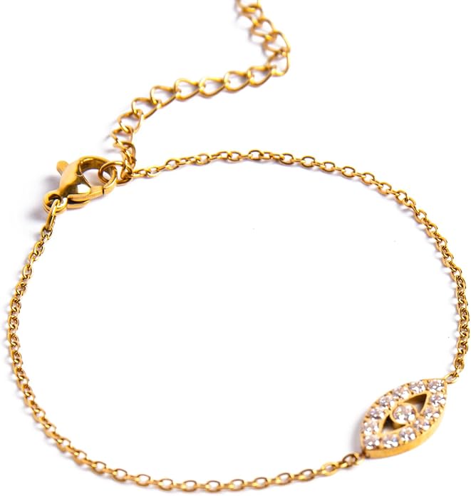 JUN MEIR'S 18K Gold Plated Evil Eye Adjustable Bracelet for Women, Simple Zirconia Link Bracelet, Birthday Anniversary Jewelry Gifts for Wife, Mom, Best Friend