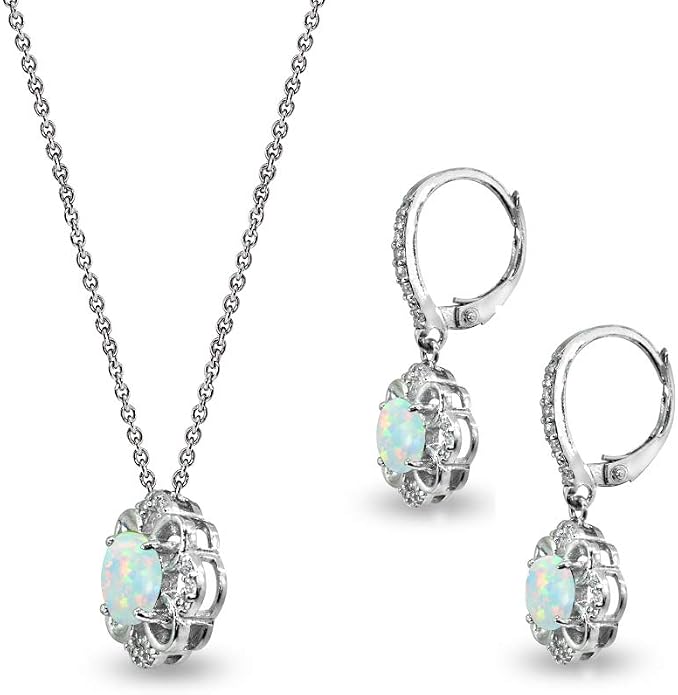 B. BRILLIANT Sterling Silver Genuine or Synthetic Gemstone 6mm Round-Cut Flower Dainty Slide Necklace & Leverback Earrings Set
