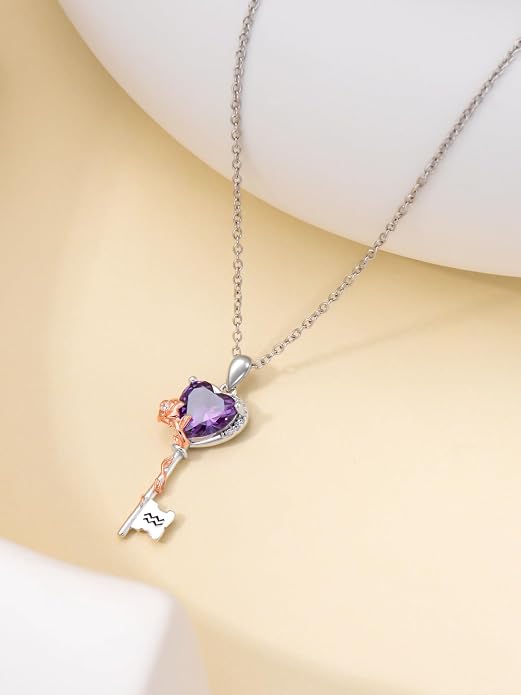 OCJ Zodiac Necklace for Women 925 Sterling Silver Rose Flower Key Pendant Necklaces Zodiac Birthstone Jewelry Wife Birthday Anniversary Christmas Gifts for Her