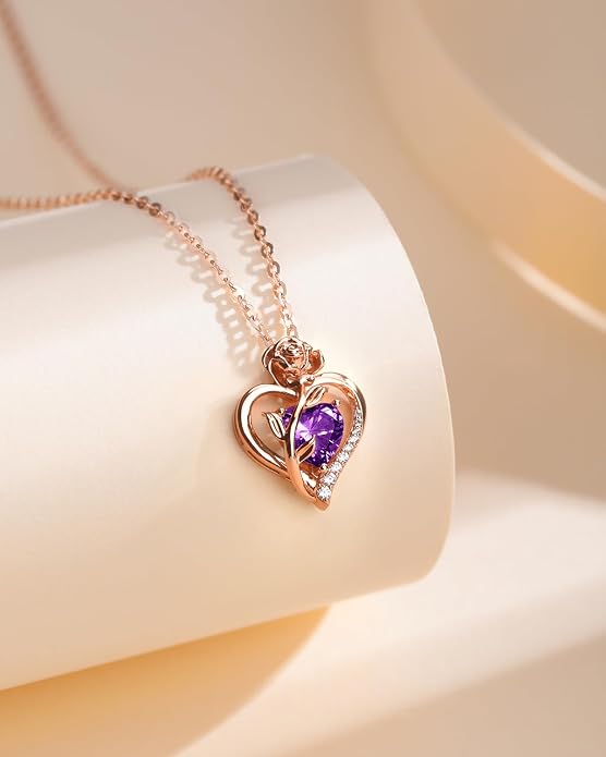 Anniversary Birthday Gifts for Women - Heart Birthstone Necklace: 925 Sterling Silver Rose/White/Yellow Gold Pendant Necklaces Gold Jewelry Gift for Wife Girlfriend Mom Daughter Grandma