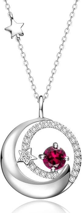FANCIME Birthstone Necklaces 925 Sterling Silver Moon and Star Pendant Fine Jewelry Birthday Mothers Day Gifts for Mom Wife Her Daughter, Adjustable Chain 16+2"