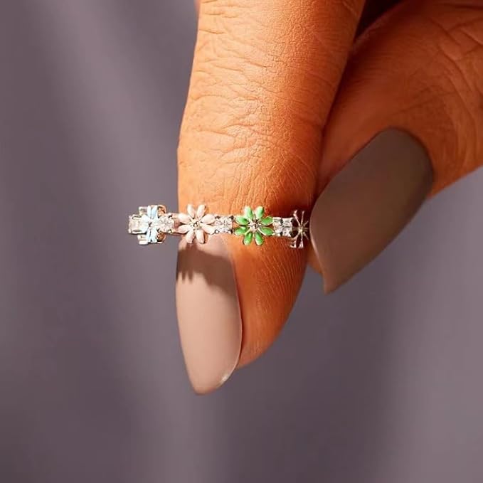 Small Multicolor Floral Daisy Ring for Women Elegant Everyday Style Comfort Fit Sunflower Enamel Ring Tiny Flower Ring Friendship Gift Cubic Zirconia Silver Stacking Bride Bridesmaid Band Ring Size 9