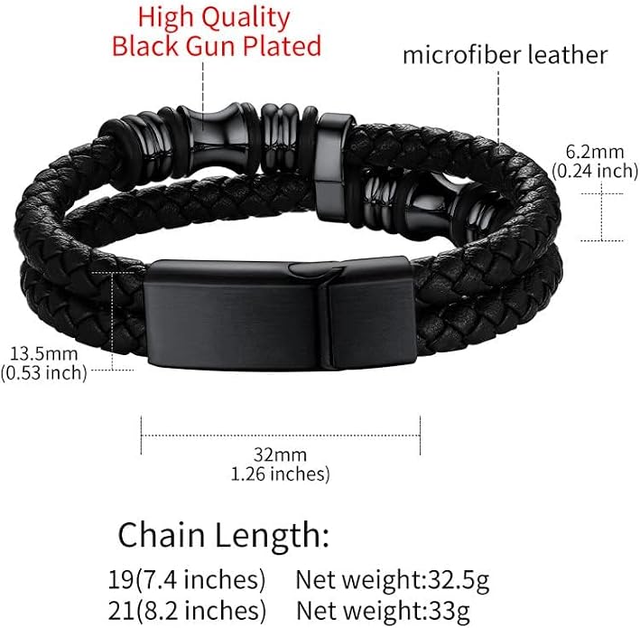 ChainsHouse Mens Wrap Braided Leather Black Bead Bracelets Bangles, Vintage Star of David/Wing Skull/Templar Cross Genuine Leather Bracelet, Customize Available, Size 7.5/8.3/9.0 Inch, Send Gift Box