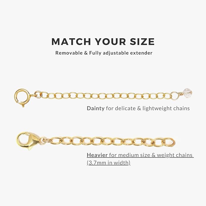 Necklace Bracelet Extender for Women Men - 14K Gold Filled or Solid 925 Sterling Silver Extension, Medium Size Jewelry Chain Durable Strong Removable 2" 4" or 6" Made in USA (Single Piece)