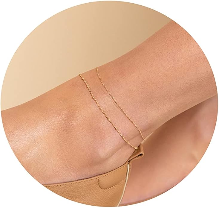 Pencros Dainty Layered Anklet,14K Gold Filled Cute Beads Satellite Chain Heart Boho Adjustable Anklets for Women