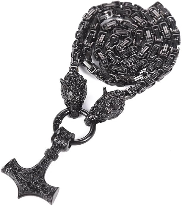 Viking Wolf Head Thor’s Hammer Pendant Necklace – Stainless Steel Norse Amulet Jewelry for Men, Nickel-Free, Gift Box Included