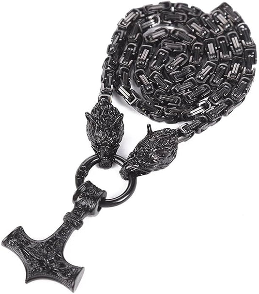 Viking Wolf Head Thor’s Hammer Pendant Necklace – Stainless Steel Norse Amulet Jewelry for Men, Nickel-Free, Gift Box Included