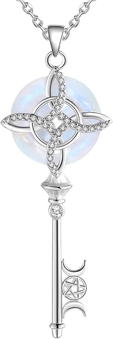 Natural Moonstone Crystal Key Necklace for Women, Retro Triple Moon Key Healing Crystal Wiccan Pagan Jewelry Gift