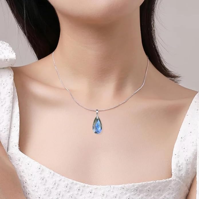 iSTONE 925 Sterling Silver Natural Crytral for Womens Pendant Necklace, Gemstone Birthstone with 17.8" Silver Chain Ladies