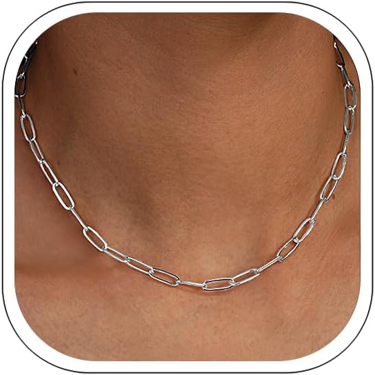 Jewlpire Silver/14K Gold Plated Paperclip Necklace for Women, 3mm 4mm 5mm Necklaces for Women, Women's Paperclip Chain Necklaces 16 18 20 22 24 26 Inch