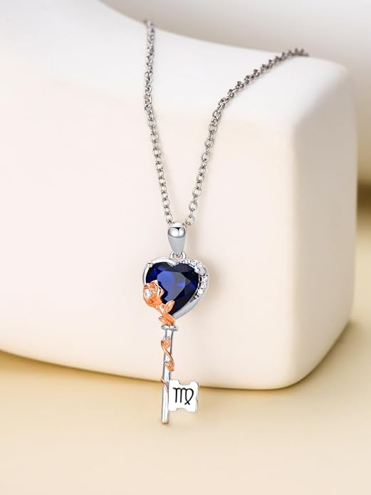OCJ Zodiac Necklace for Women 925 Sterling Silver Rose Flower Key Pendant Necklaces Zodiac Birthstone Jewelry Wife Birthday Anniversary Christmas Gifts for Her