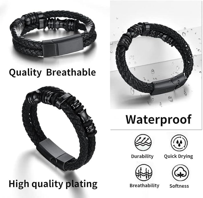ChainsHouse Mens Wrap Braided Leather Black Bead Bracelets Bangles, Vintage Star of David/Wing Skull/Templar Cross Genuine Leather Bracelet, Customize Available, Size 7.5/8.3/9.0 Inch, Send Gift Box