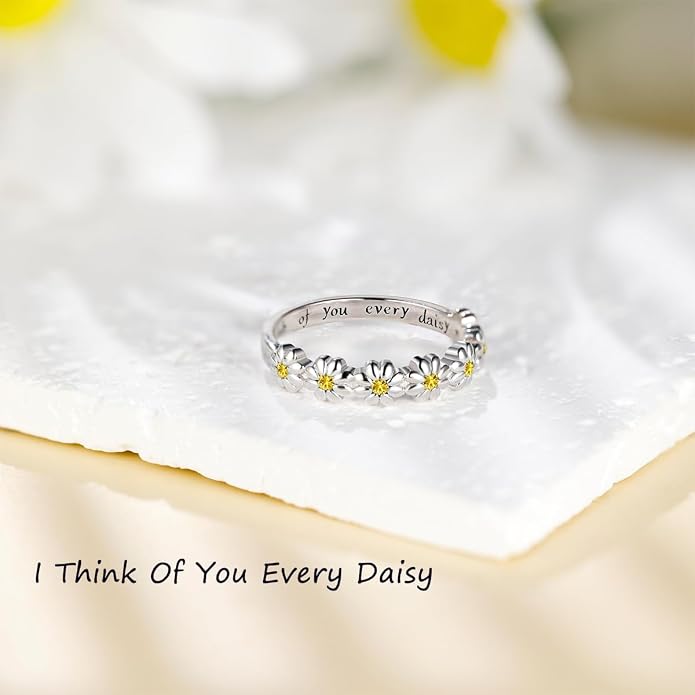 Dainty Daisy Ring for Women, S925 Sterling Silver Cubic Zirconia Sunflower Flower Ring For Daughter, I Think Of You Every Daisy Ring, Birthstone Flower Ring