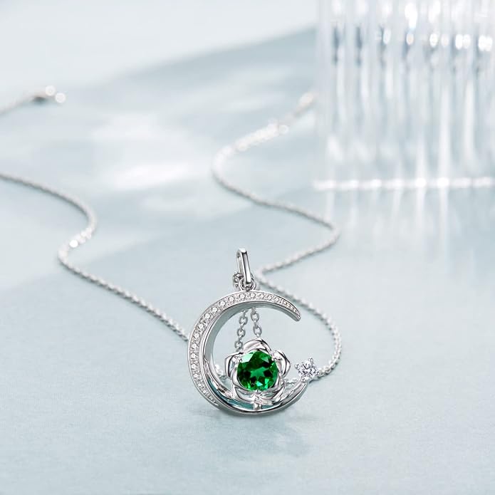 Birthstone Necklace for Women Sterling Silver Moon Pendant Necklaces Anniversary Birthday Fine Jewelry Gifts for Her Women Mother, Adjustable Chain