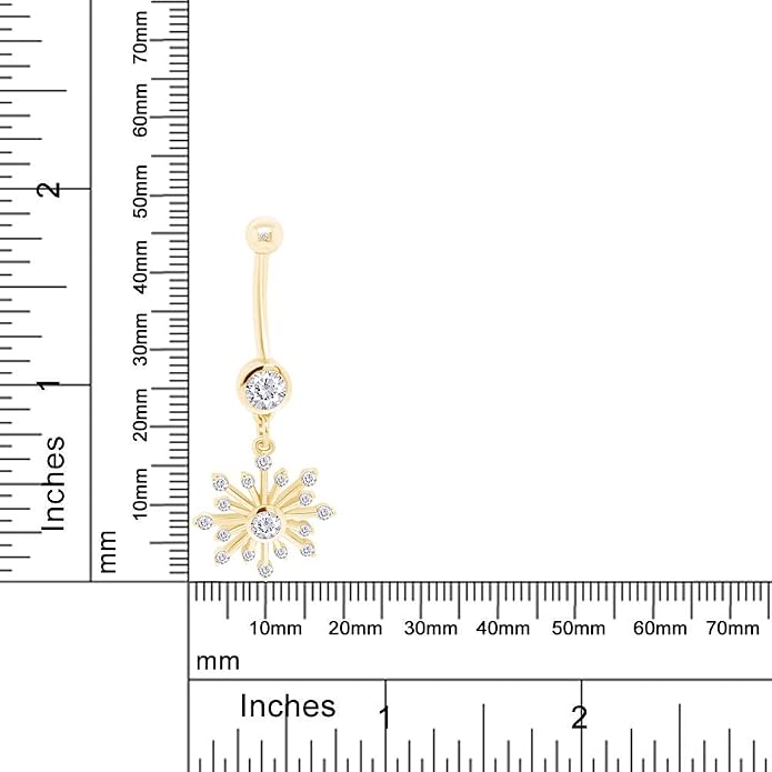 AFFY Snowflake Belly Button Ring for Women Simulated Birthstone, Round Cut Gemstone in 14K Gold Over 925 Sterling Silver, Navel Barbell Piercing Jewelry for Her