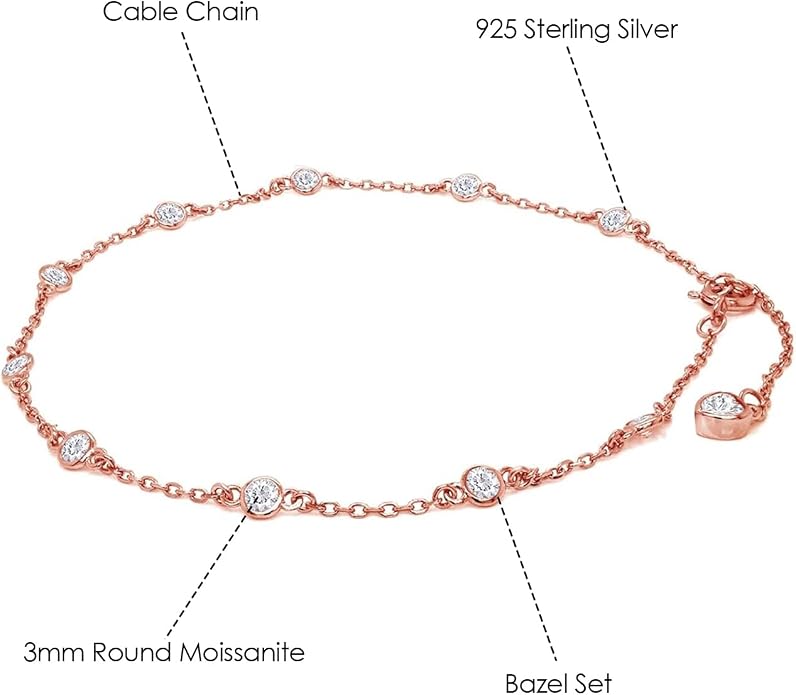 Station Anklet Bracelet For Women 3MM Round Lab Created Moissanite Bezel Set Single Piece Dainty Link Chain Anklet in 14K Gold Plated 925 Sterling Silver 8" to 10" Fine Jewelry