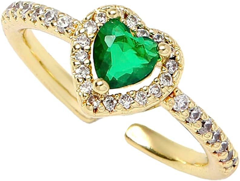 Gold Birthstone Rings for Women Non Tarnish 14k Gold Plated Dainty Heart Rings Adjustable Size Cubic Zirconia Ring Gold Simulated Gemstone Rings Birthday Gifts for Women