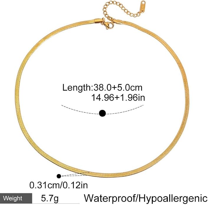 Elegant 18K Gold Plated Herringbone Necklace for Women, Flat Box Chain, Waterproof & Hypoallergenic, Gold Flat Snake Chain Necklace Choker for Women, Ideal Gift