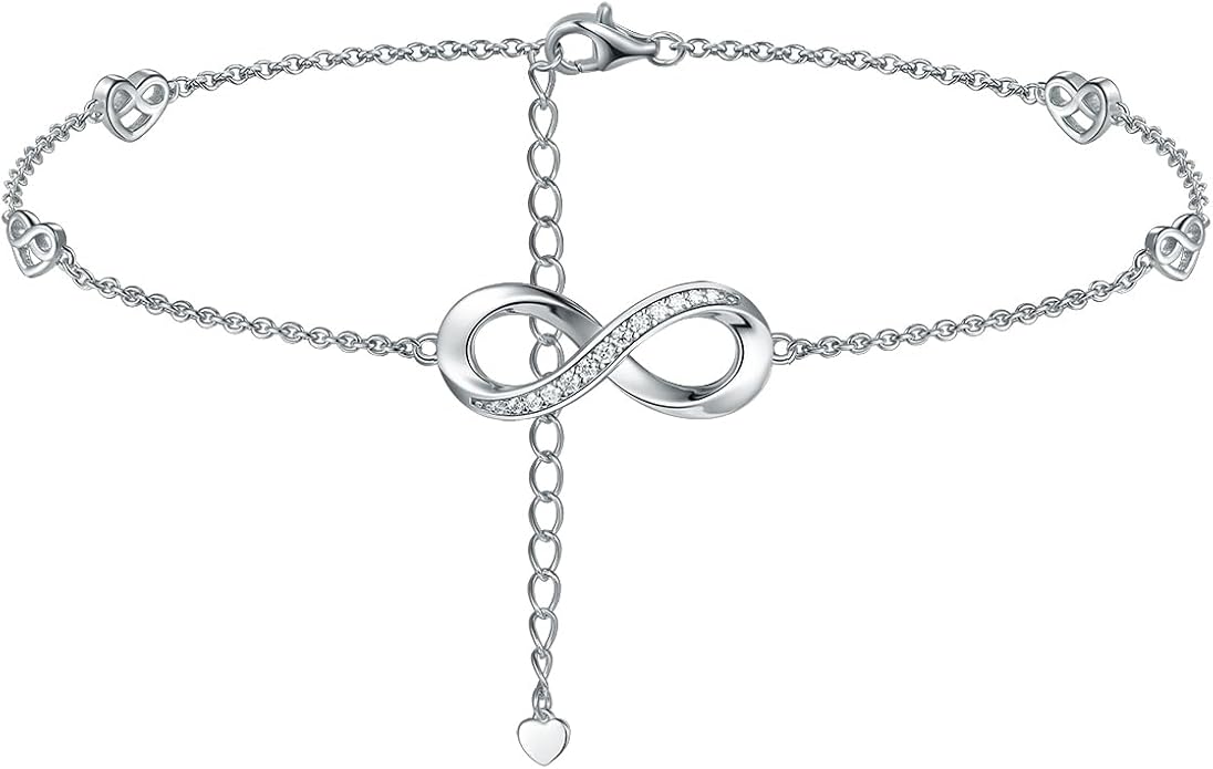 Moissanite Infinity Anklet for Women, Real Authentic 925 Sterling Silver Hypoallergenic, Beautiful Summer Jewelry, Dainty Ankle Bracelet, 8.6-10.6inch (21-26cm) Adjustable