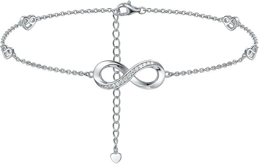 Moissanite Infinity Anklet for Women, Real Authentic 925 Sterling Silver Hypoallergenic, Beautiful Summer Jewelry, Dainty Ankle Bracelet, 8.6-10.6inch (21-26cm) Adjustable