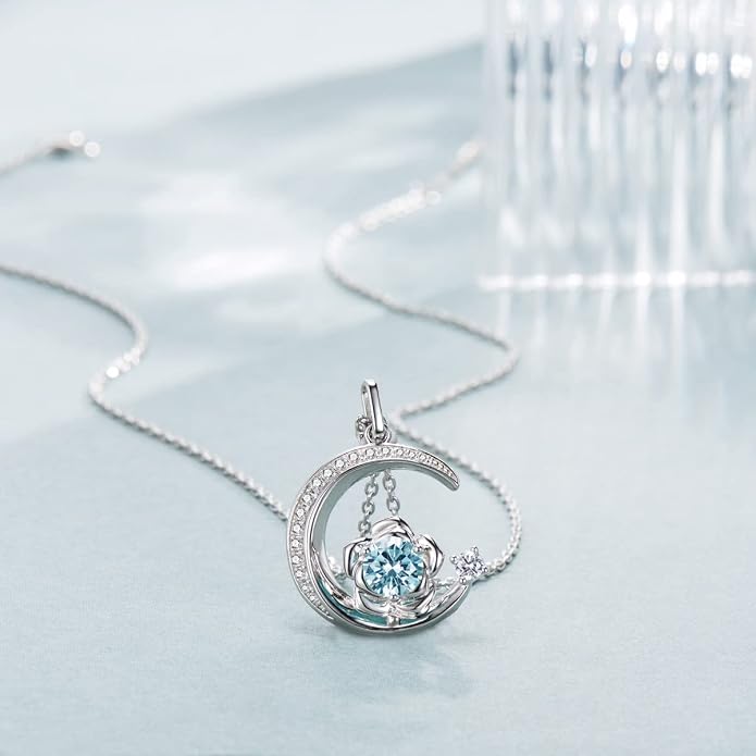 Birthstone Necklace for Women Sterling Silver Moon Pendant Necklaces Anniversary Birthday Fine Jewelry Gifts for Her Women Mother, Adjustable Chain