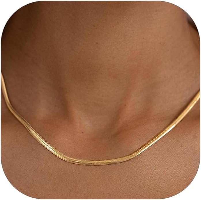 FOCALOOK 14K Gold Plated Necklaces for Women, Fashion Herringbone Choker Necklace Stainless Steel Flat Snake Chain 3/5MM(W) 12.5"/15"/18"+3.5"(L)
