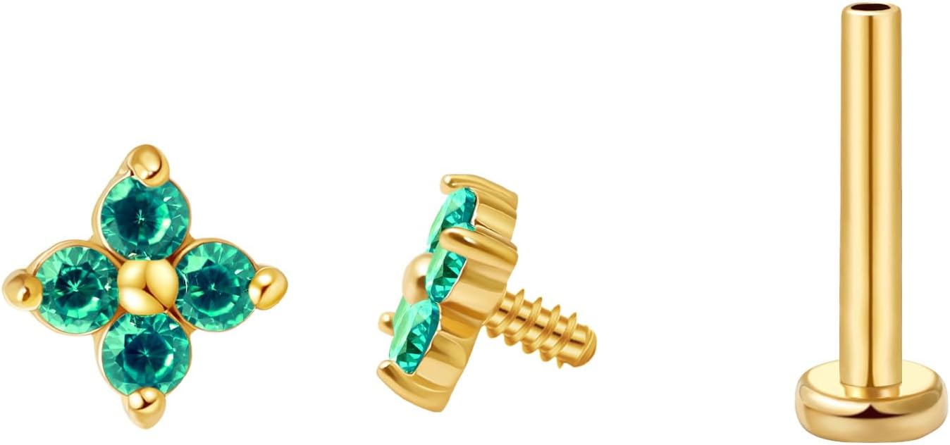 FANSING CZ Flower Internally Threaded Flat Back Earring Labret Stud for Cartilage Tragus Helix Conch