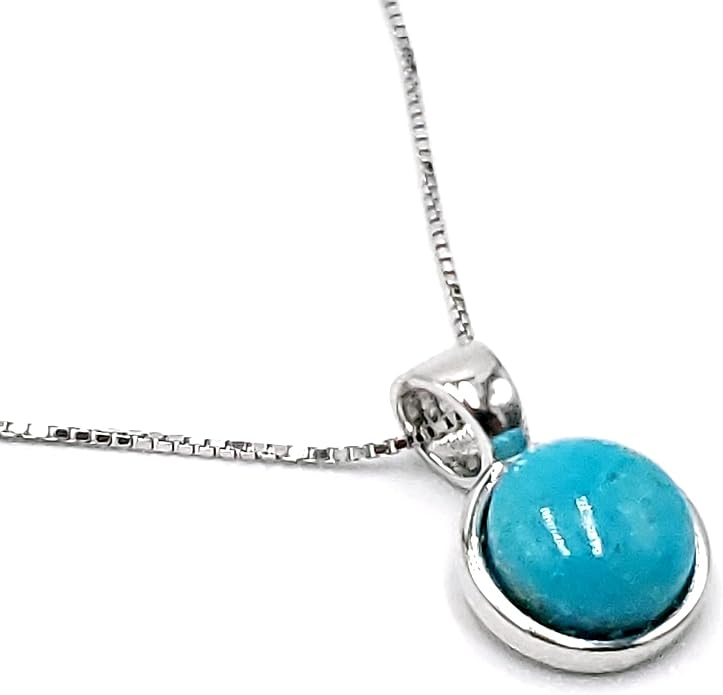 Natural gemstone 8mm round pendant with white gold over 925 sterling silver bezel cabochon plate and box chain, real genuine dainty birthstone gift for her, uniquelan jewelry